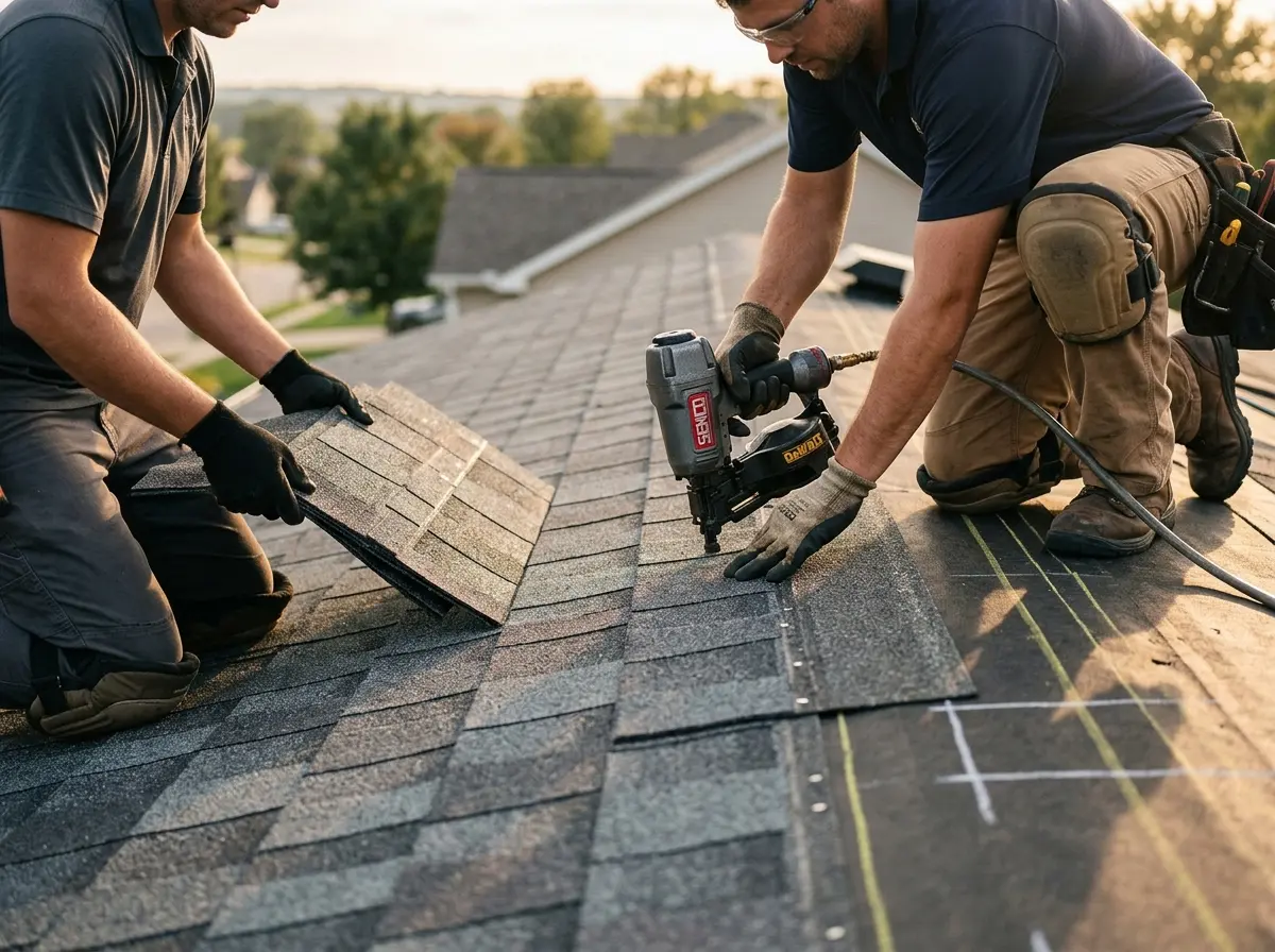 Professional roofer working on a residential roof in Savoy